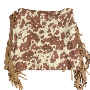 Fringed Cowhide Print Mini Skirt - Brown & Cream